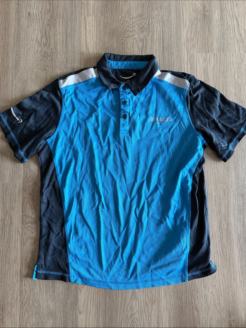 Amazon Blue and Black Men's Polo with White Shoulder Detail Short Sleeve Large